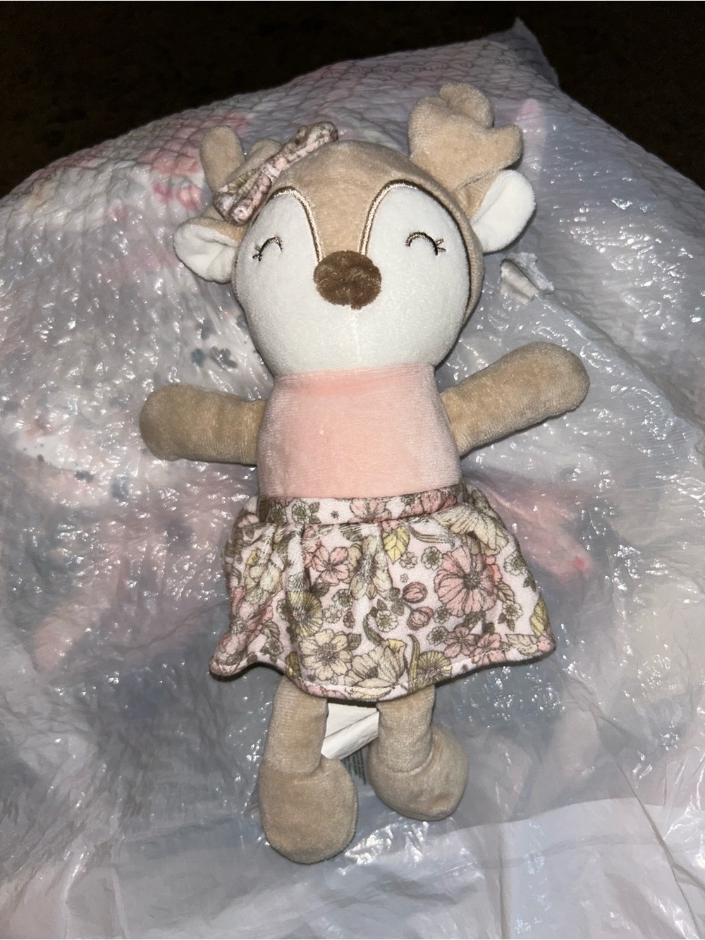 Plush Deer Doll in Pink Floral Dress - Soft Stuffed Animal for Kids